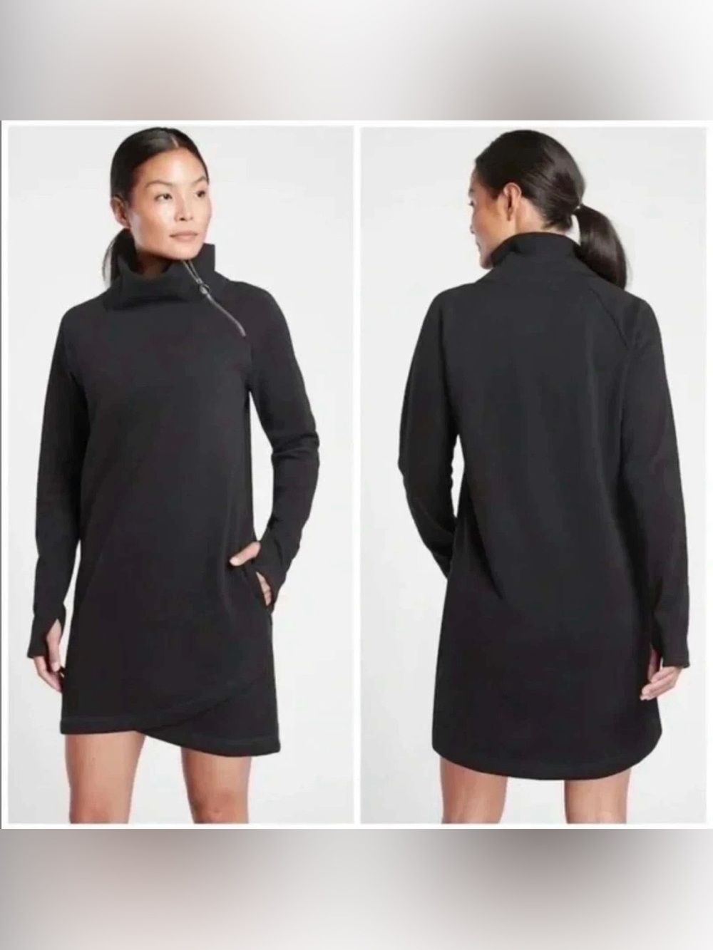 Athleta Cozy Karma Asym Sweatshirt Dress Black Fleece Lined Thumbholes Womens S